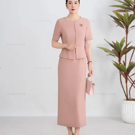 夏季粉色连衣裙女2025年新款气质减龄圆领短袖修身中长款拼接裙子图片