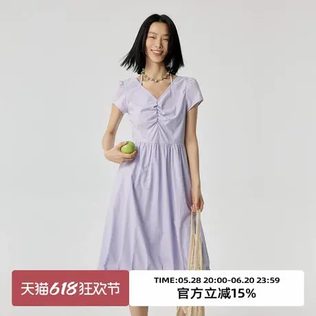omont蛋挞家 复古V领连衣裙夏季新款设计感收腰插袋中长裙子图片