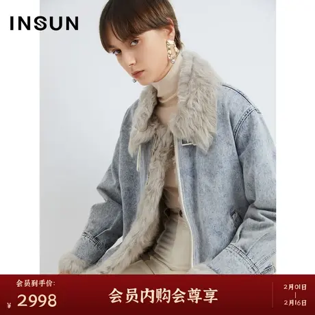 INSUN恩裳冬季兔毛皮草洗水翻领短外套图片