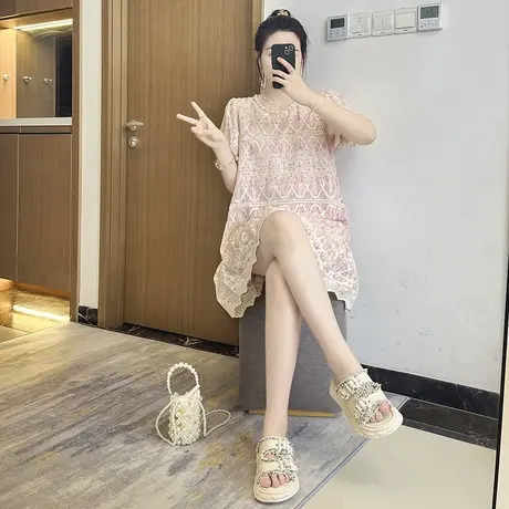 2025夏季泡泡袖蕾丝拼接连衣裙洋气甜美中长款大码胖妹妹女装遮肚图片