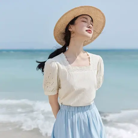 茵曼法式清新衬衣2023夏女装新款刺绣波浪花边方领镂空提花上衣图片