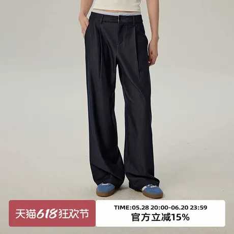 omont蛋挞家 复古撞色腰设计休闲裤2025春季高腰直筒显瘦西装裤子图片