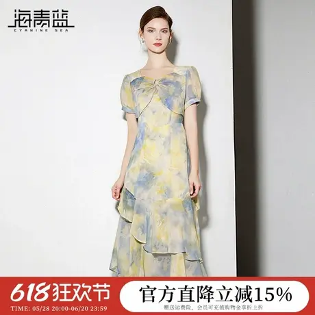 海青蓝 泡泡袖连衣裙夏女2025新款女装高级原创设计扎染中长裙子图片