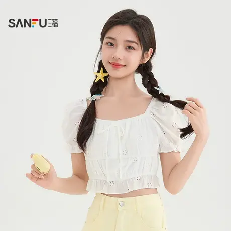 三福短衬衫2025夏季绑带领口泡泡袖时尚甜美上衣女装503870商品大图