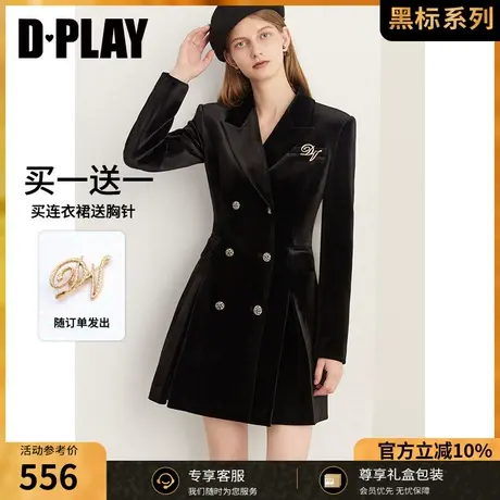DPLAY2023冬气质通勤OL轻奢黑色金属扣压褶丝绒裙西装连衣裙图片