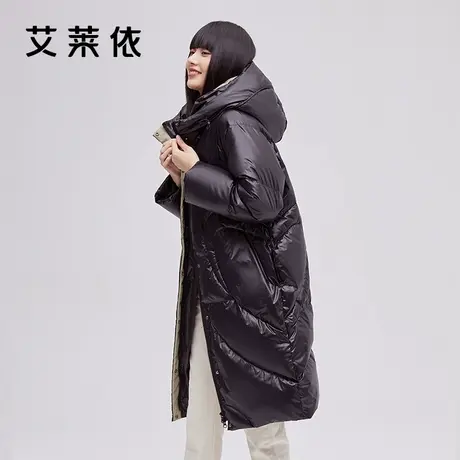 艾莱依2021年新款冬季羽绒服女高端中长款连帽鸭绒保暖黑色潮外套商品大图