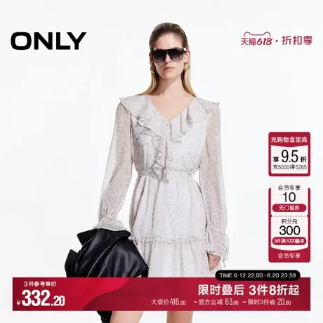 ONLY2025夏季新款甜美V领花卉荷叶边袖口抽绳长袖短裙连衣裙女图片