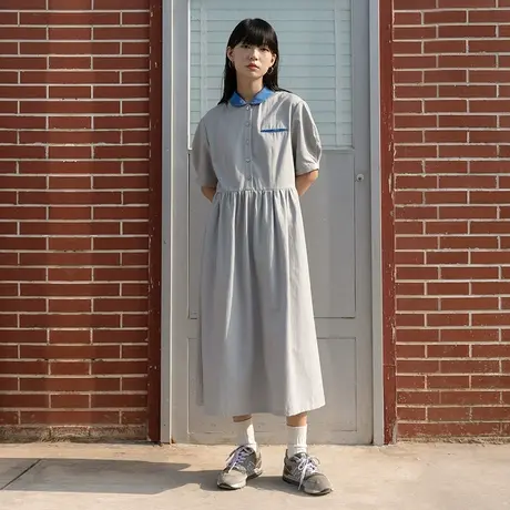 omont蛋挞家 复古撞色拼接娃娃领条纹连衣裙女中长款显瘦收腰裙子图片