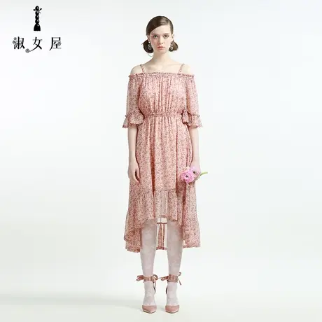 淑女屋旗舰店官网商场同款女夏情人节玫瑰茉莉花吊带露肩连衣裙女商品大图