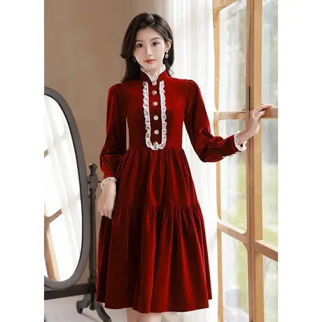 长袖敬酒服新娘2024新款秋冬季酒红色小个子订婚礼服连衣裙女立领图片
