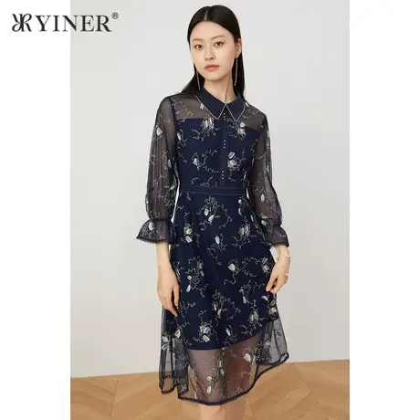YINER音儿女装2021秋季新款收腰网纱绣花连衣裙图片