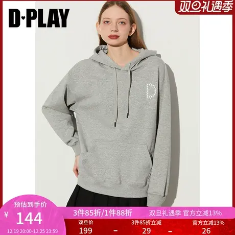 DPLAY春通勤连帽落肩宽松灰色加厚加绒套头卫衣上衣女图片