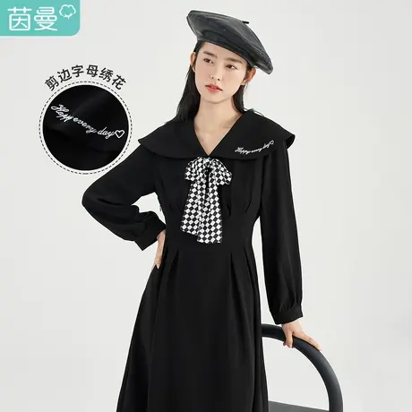 茵曼甜美女2023年春季新款娃娃披肩翻领蝴蝶结气质宽松a字小黑裙图片