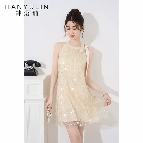 法式气质无袖挂脖连衣裙女2025新款夏设计感小众短款显瘦亮片裙子图片
