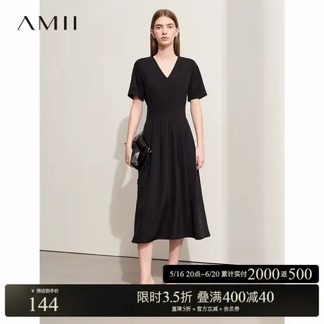 Amii2025夏新款极简纯色V领系带收腰后拉链修身A摆连衣裙女款图片