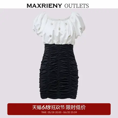 【奥莱】MAXRIENY浪漫泡泡袖抽褶撞色连衣裙图片