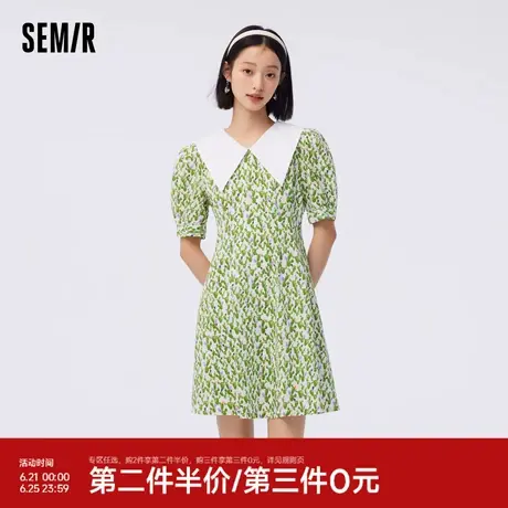 森马连衣裙女收腰优雅时尚小清新夏季法式撞色大翻领肌理短裙气质图片