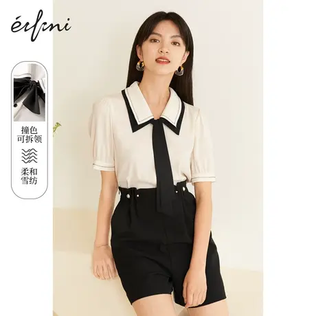 伊芙丽雪纺衬衫女2021夏新款泡泡袖衬衣百搭薄款气质雪纺衫小上衣图片