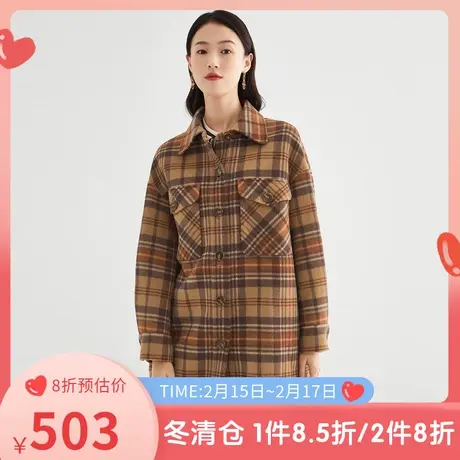 伊芙丽毛呢外套女秋冬新品长袖复古格纹时尚通勤中长款羊毛大衣图片