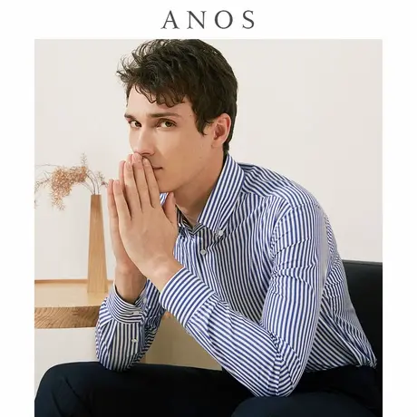 ANOS/亚诺司湖蓝色条纹扣领衬衫职业上班全棉商务修身男休闲衬衣图片