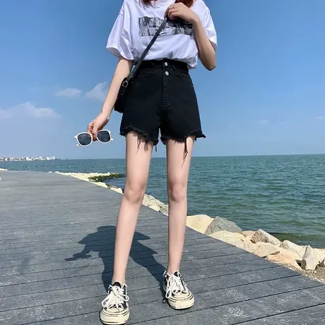 高腰牛仔短裤女夏宽松2023年新款薄显瘦网红辣妹A字毛边黑色热裤图片