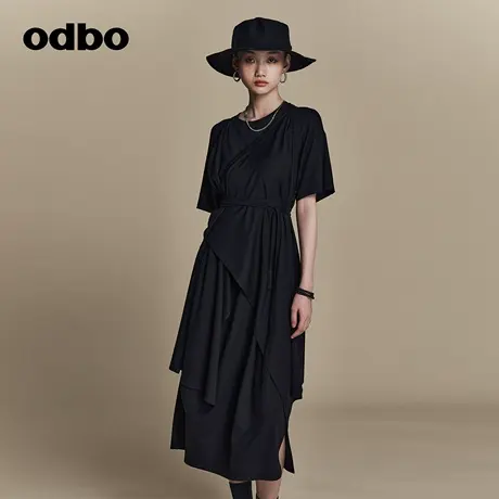 odbo/欧迪比欧原创设计女神范气质拼接短袖连衣裙女夏季新款图片