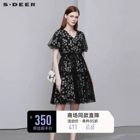 sdeer圣迪奥碎花连衣裙春秋装V领收腰网纱少女长裙S223Z1274图片
