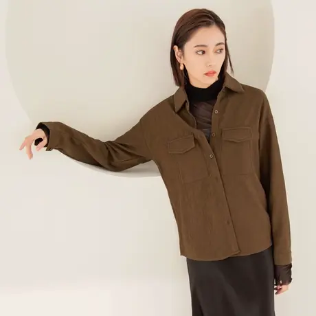 桔熊秋冬季休闲肌理感翻领工装衬衫宽松上衣女胖妹妹大码AB17862图片