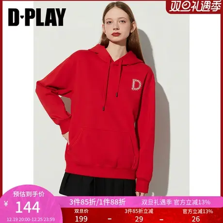 DPLAY春通勤连帽落肩宽松红色加厚加绒套头卫衣上衣女图片