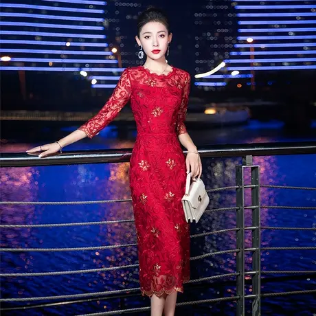 晚礼服2024新款蕾丝旗袍夏季红色年轻妈妈婆婆婚宴婚礼服连衣裙女图片