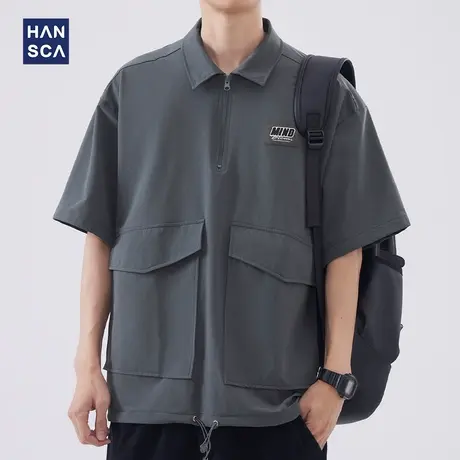 hansca翻领短袖衬衫男夏季新款山系复古工装多口袋青少年休闲上衣图片