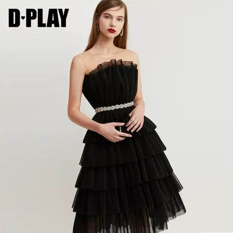 DPLAY德帕拉冬季新品气质黑网纱压褶水钻腰带装饰无袖礼服裙图片