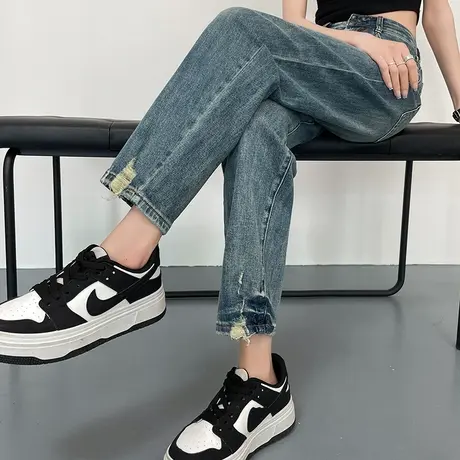 老爹牛仔裤女2024年春秋新款高腰直筒宽松显瘦复古做旧九分哈伦裤图片