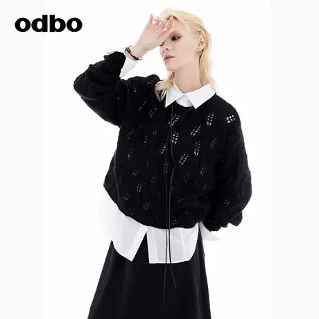 odbo/欧迪比欧品牌女装镂空针织毛衫2024秋季新款穿搭单品上衣女图片