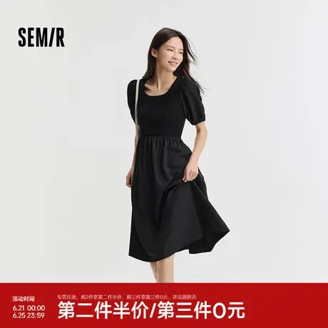 森马连衣裙女泡泡袖修身气质温柔夏季百搭拼接收腰肌理中长裙优雅图片