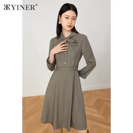 YINER音儿奥莱女装冬季蝴蝶结领收腰连衣裙图片