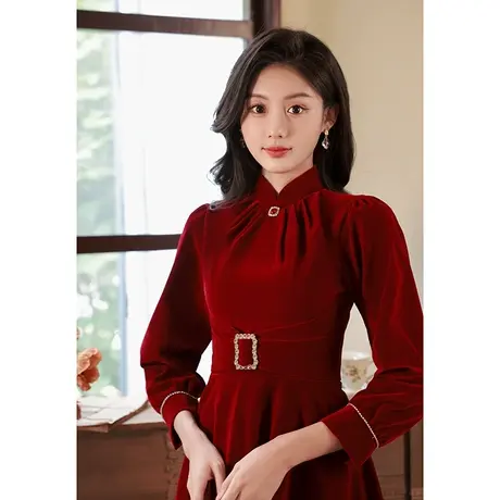 长袖敬酒服新娘冬季酒红色小个子结婚订婚礼服连衣裙回门便装大气图片