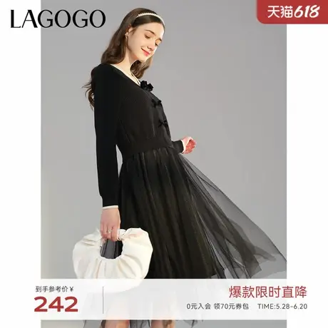 LAGOGO气质赫本风仙女纱裙拉谷谷春秋新品假两件黑色内搭连衣裙图片
