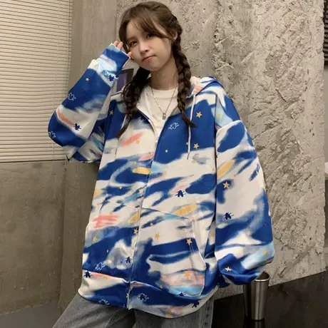 扎染卫衣女chic早秋上衣2021宽松韩版ins设计感小众薄款开衫外套图片