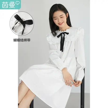 茵曼法式女2023春季新款荷叶披肩翻领蝴蝶结文艺显瘦棉a字连衣裙图片