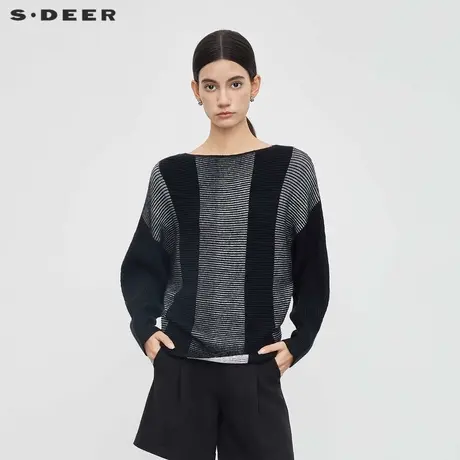 【直播间专属】sdeer圣迪奥一字领条纹撞色宽松针织衫S23463505图片