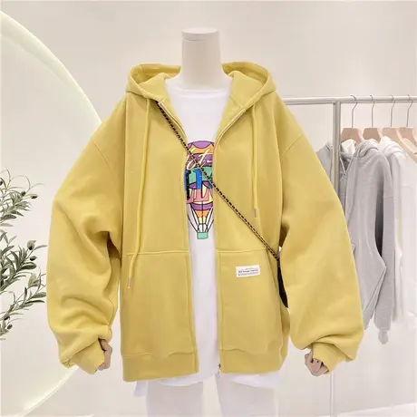 卫衣女春秋薄款2021新款韩版ins潮纯色宽松拉链开衫连帽长袖外套图片