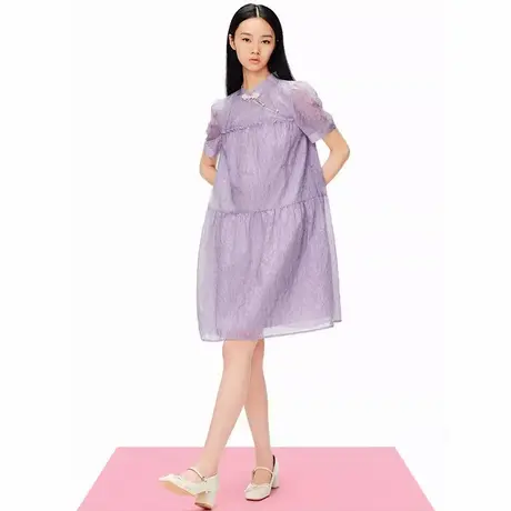 夏装2025款时尚气质显瘦洋气减龄短袖网纱连衣裙女新中式肌理提花图片