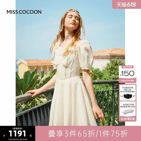 MISS COCOON可可尼蕾丝花边提花裙子女2025夏季新款泡泡袖连衣裙图片