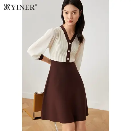YINER音儿商场同款女装2021秋冬新款V领撞色拼接针织连衣裙图片