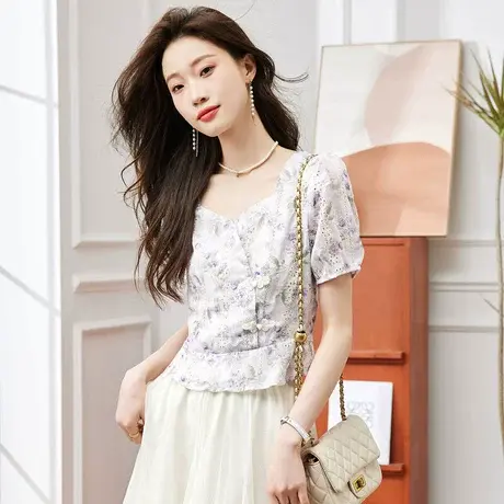 时尚气质碎花短袖衬衫2023年夏季新款淑女温柔显瘦通勤百搭上衣图片