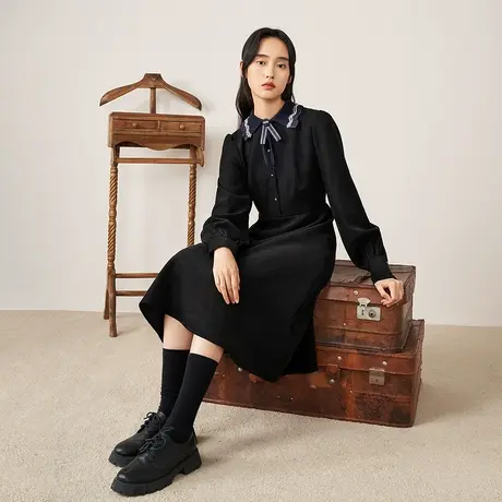【商场同款】茵曼文艺女冬季新款撞色拼接蕾丝两件套连衣裙图片