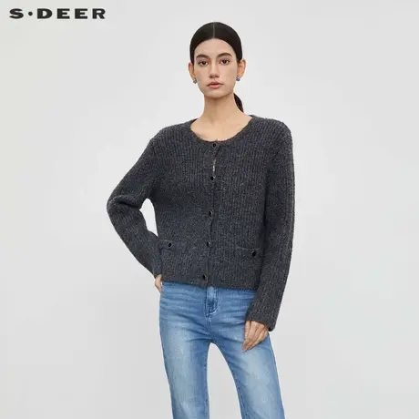 【直播间专属】sdeer圣迪奥女装复古罗纹圆领开衫针织衫S23463506图片
