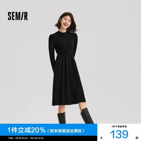 森马连衣裙女中长款修身正肩内搭优雅2024新款冬拼接灯芯绒小黑裙图片