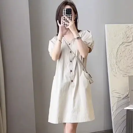 小个子单排扣连衣裙女2025夏季新款宽松遮肚子显瘦漂亮气质裙子图片